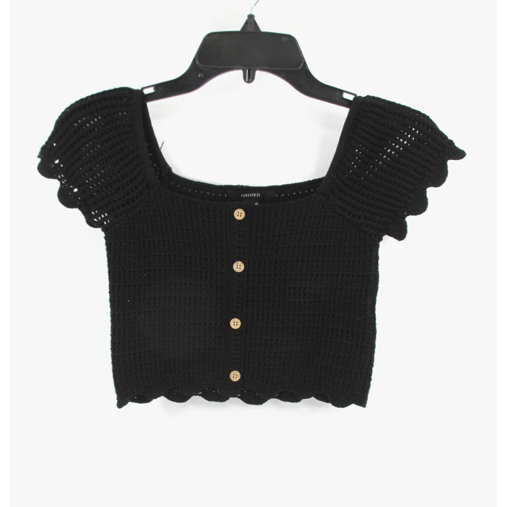 Forever 21 Crochet Crop Top Black Scalloped Trim Button Up Festival XS